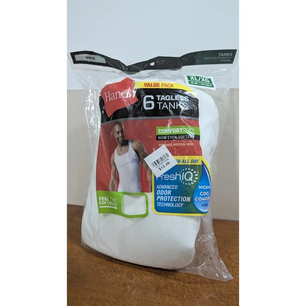 Hanes Mens 6 Pack Tagless Tanks White ComfortSoft FreshIQ Ribbed Undershirts XL